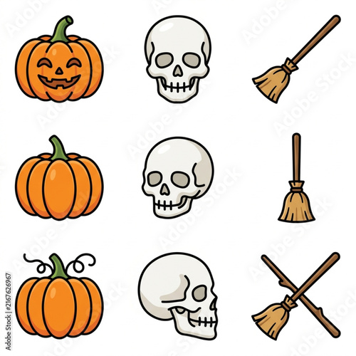 Halloween Icons Set Pumpkin Skull Broomstick Collection.