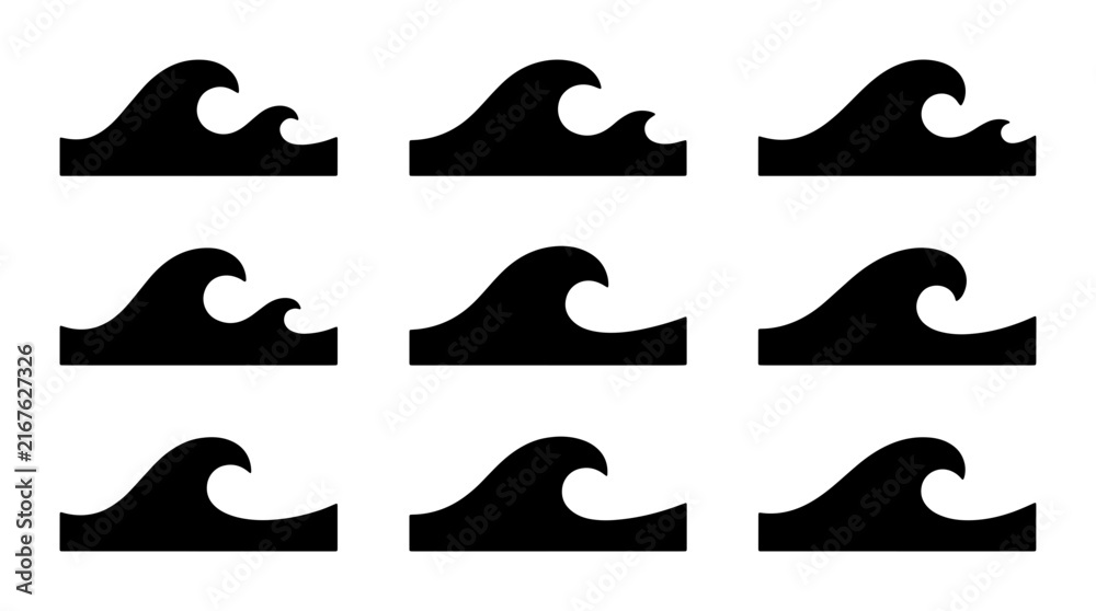 Fototapeta premium Set of 9 Black Wave Icons, Ocean Swells Vector Graphics, Sea Water Surfing Elements, Nautical Marine Design Assets