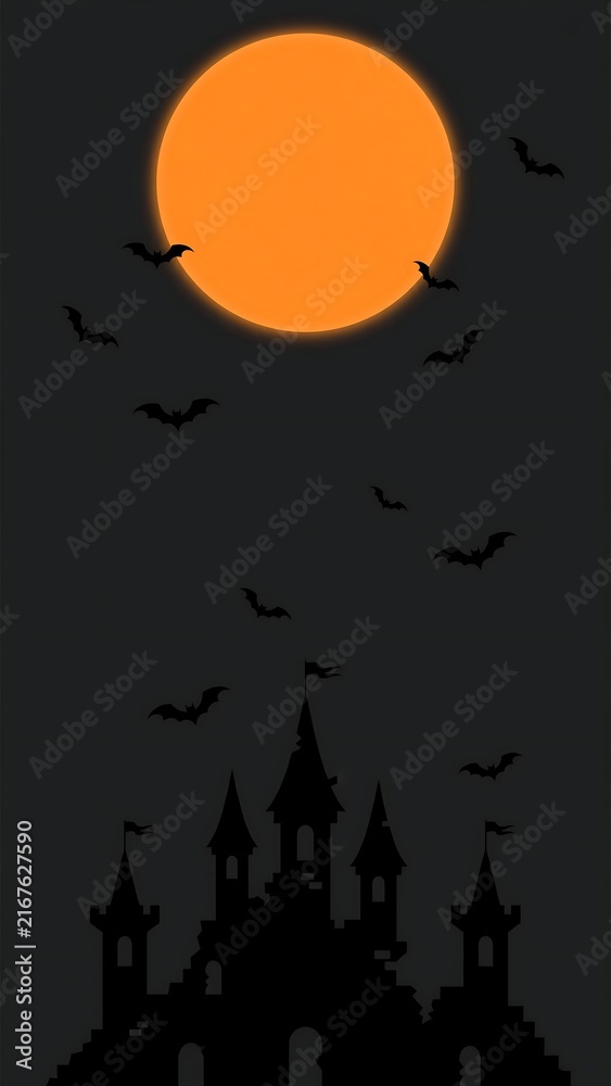 Fototapeta premium Haunted Castle Silhouette with Orange Moon and Flying Bats
