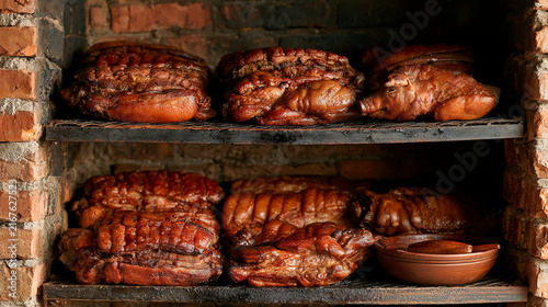 Barbecue meat cut into pieces on wooden shelves in a restaurant kitchen