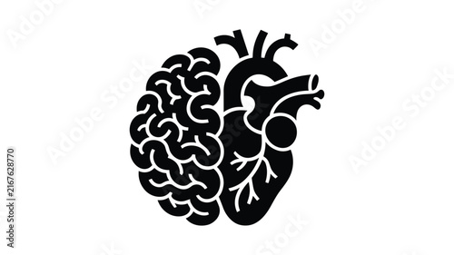 Human brain and heart anatomical combination split design mental health emotional balance symbol.
