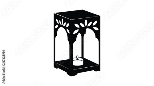 Minimalist black metal lantern silhouette with white candle for religious and festive decoration.