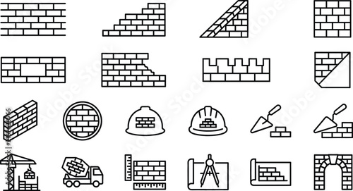 Brickwork masonry and building site vector icon set featuring linear trowel helmet crane arch line art