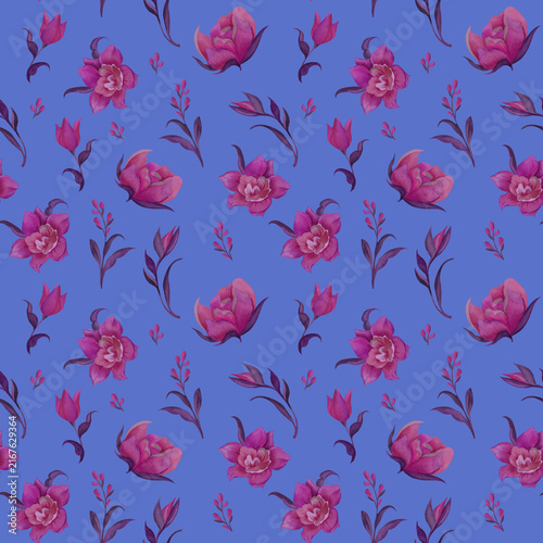 Watercolor pattern of pink peony blossoms and delicate dark stems scattered across a periwinkle blue background.