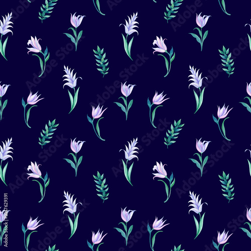 Beautiful seamless pattern featuring delicate white and lavender flowers with green leaves on a deep navy background