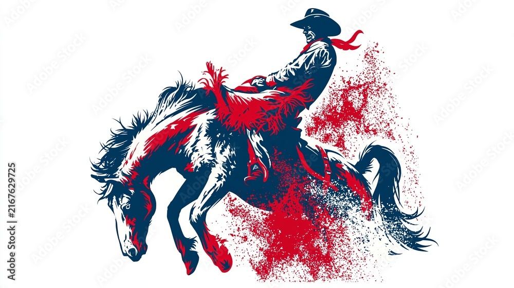 Naklejka premium Cowboy riding bucking bronco with dynamic red splashes. Cowboy rider skillfully staying on a wild bucking bronco in a challenging rodeo event