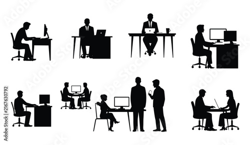 Collection of black office worker silhouettes showing people working at desks with computers, laptops, and interacting in a corporate environment on white background