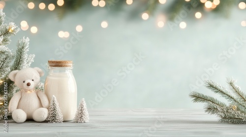 Minimalist New Year background with cozy teddy bear milk bottle and frosted pine branches