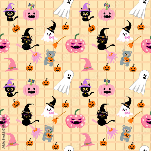 Bild auf Leinwand cute halloween seamless pattern vector with black witch cats pink jack o lantern
