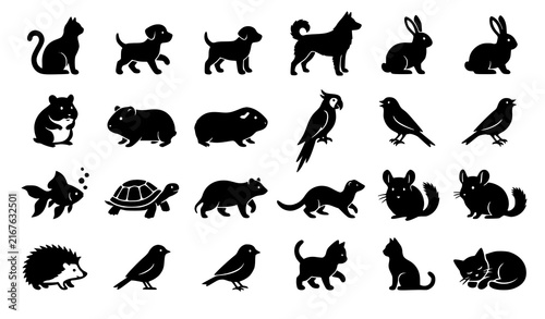 Black pets silhouette icon set with cats dogs rabbits birds and small domestic animals vector