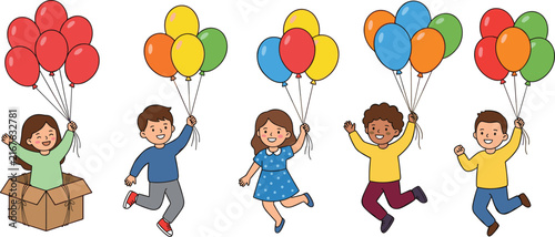 Happy Children Jumping and Flying with Colorful Balloons and Box for Kids Birthday Party, School Celebration, and Festive Holiday Childhood Graphic Designs