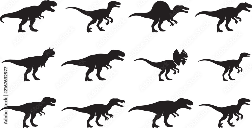 Fototapeta premium Set of black silhouette depicting various dinosaur species, prehistoric animals, and extinct reptiles for educational projects