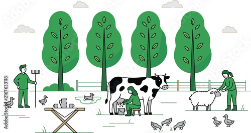 Organic Dairy Farm Scene Illustration with Farmers Milking Cow, Herding Sheep, and Feeding Ducks for Agritourism, Eco Farming, and Sustainable Agriculture Vector Graphic Designs