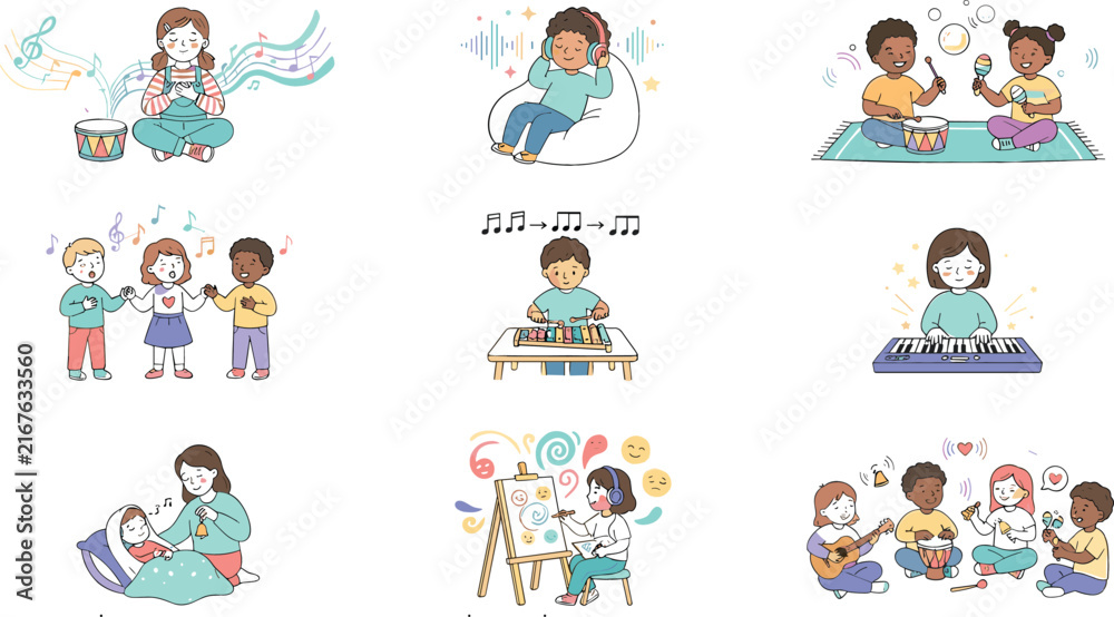 Fototapeta premium Children Music Learning and Creative Expression Illustration Set with Singing, Drums, Piano, Rhythm, Art, Relaxation, and Group Activities