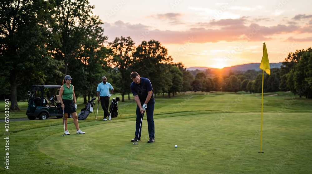 Obraz premium Group of friends playing golf on a green course during a beautiful golden sunset with trees in the background