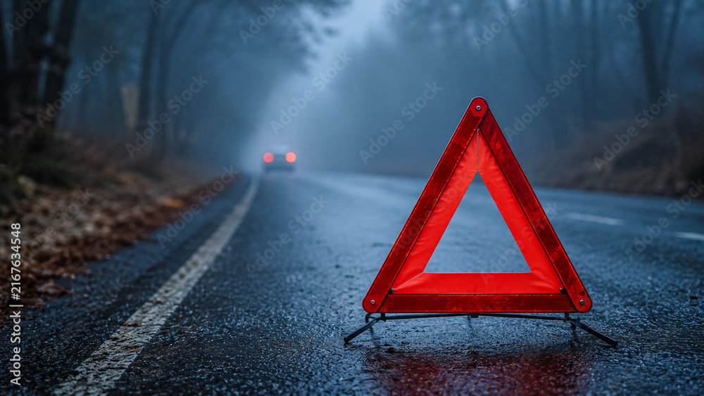 Naklejka premium Red warning triangle on a foggy road during a car breakdown emergency
