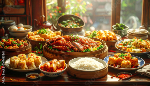 Homemade Chinese feast table filled with a variety of foods. AI