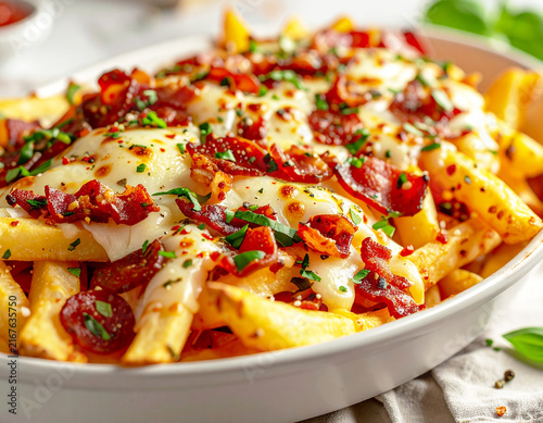 Loaded fries with pizza toppings, pepperoni, bacon and mozzarella cheese. AI
