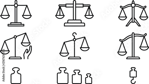 Bild auf Leinwand Justice scale and weight balance vector icon set featuring linear law court meas