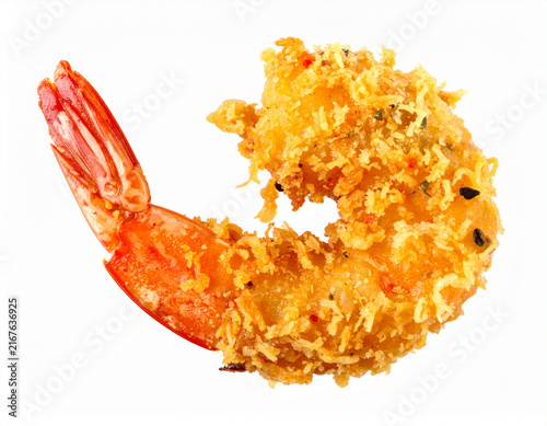 One deep fried shrimp, white background, top view. AI