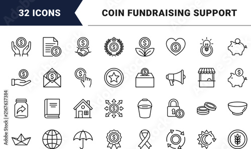 Coin Charity Donation Web Icon Set in Linear Style. Collection of Giving Fund line icons, including fundraising, non profit, philanthropy, grant aid, volunteer, community support.