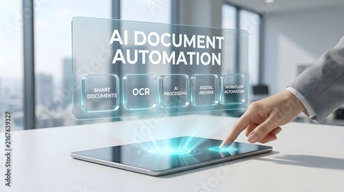 Obraz na płótnie Artificial intelligence document automation concept with a hand interacting with a digital display