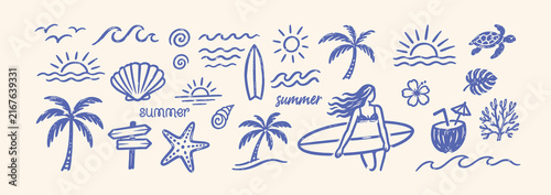 Photography Hand drawn Summer surfing and tropical beach vector doodle set