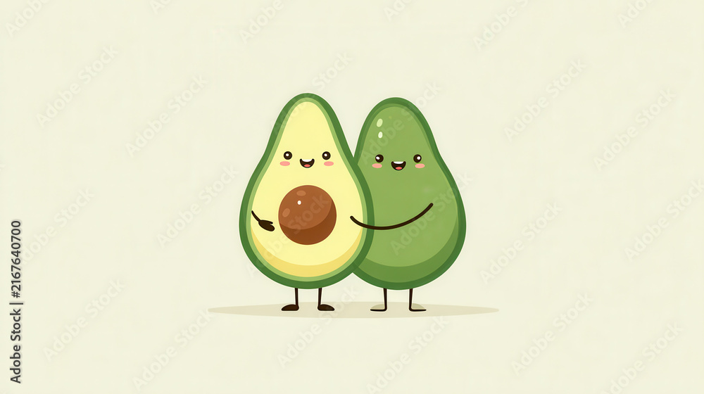 Fototapeta premium Adorable avocado couple with happy cartoon faces