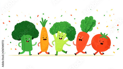 Happy vegetable friends in colorful healthy food illustration