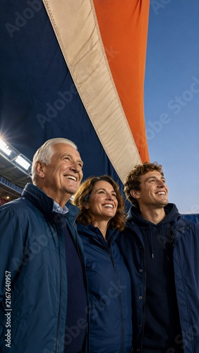 Three Generations Celebrate Football Beneath a Fabric Wave for Sports Marketing