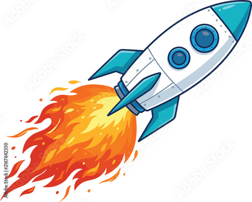 White space rocket spaceship launching into space with fiery orange flame thruster vector isolated white background
