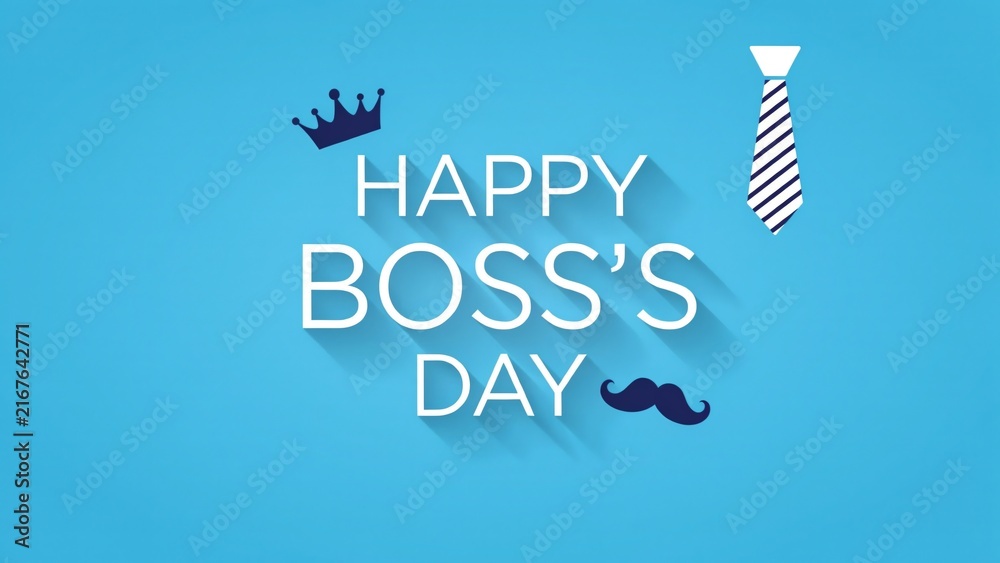Fototapeta premium Happy Boss's Day greeting card, professional blue background with crown and tie icons, corporate celebration banner