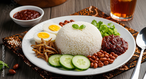 Nasi Lemak Delight: A perfectly plated serving of traditional Nasi Lemak, featuring fragrant coconut rice, spicy sambal, crispy anchovies, peanuts, boiled egg, and refreshing cucumber slices.