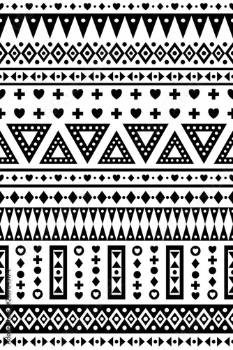 black white seamless pattern featuring geometric shape es tribal motifs ethnic borders traditional Aztec style repeating lines abstract symbols decorative elements arranged horizontal rows