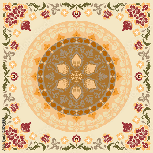 square decorative pattern design artwork features complex circular mandala elegant floral motifs Warm earthy tones brown orange beige dark red dominate composition Delicate flowers swirling green leav