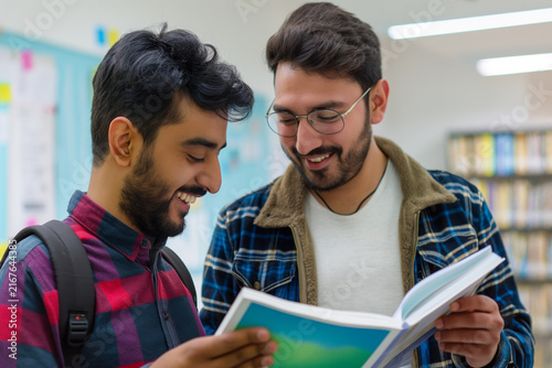 Smiling university students reading a textbook together in a multicultural classroom