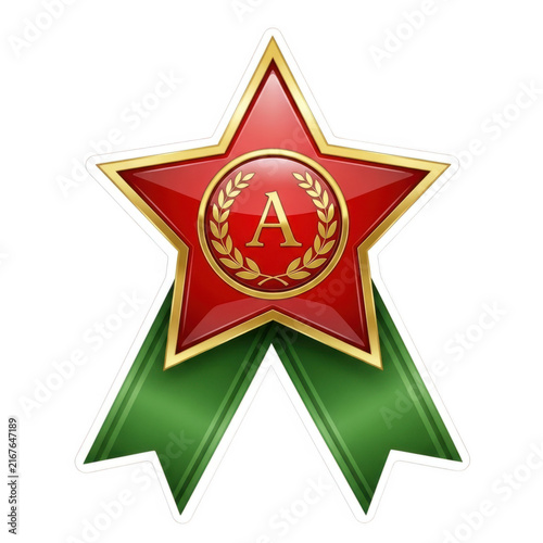 Bright red star with green ribbon badge