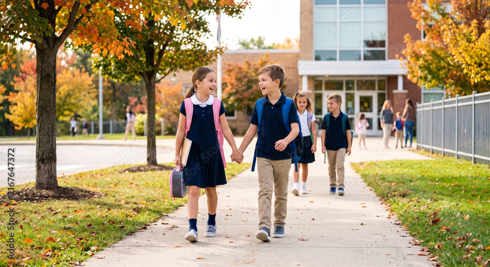 Fototapeta premium Children walking hand in hand on school sidewalk during autumn season