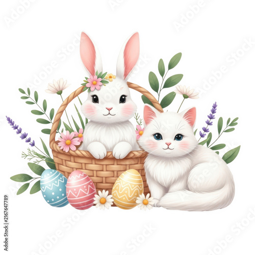 Easter basket with bunnies and colorful eggs