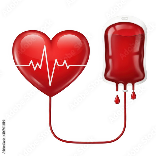 Heart connected to blood bag with red tube icon