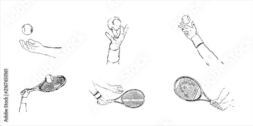 hand drawn sketch set of tennis ball toss, serve preparation with dynamic ink line art illustration.