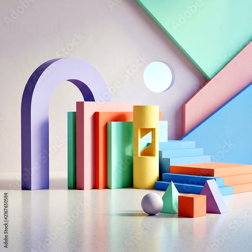 Abstract interior scene with pastel geometric shapes and arched structure