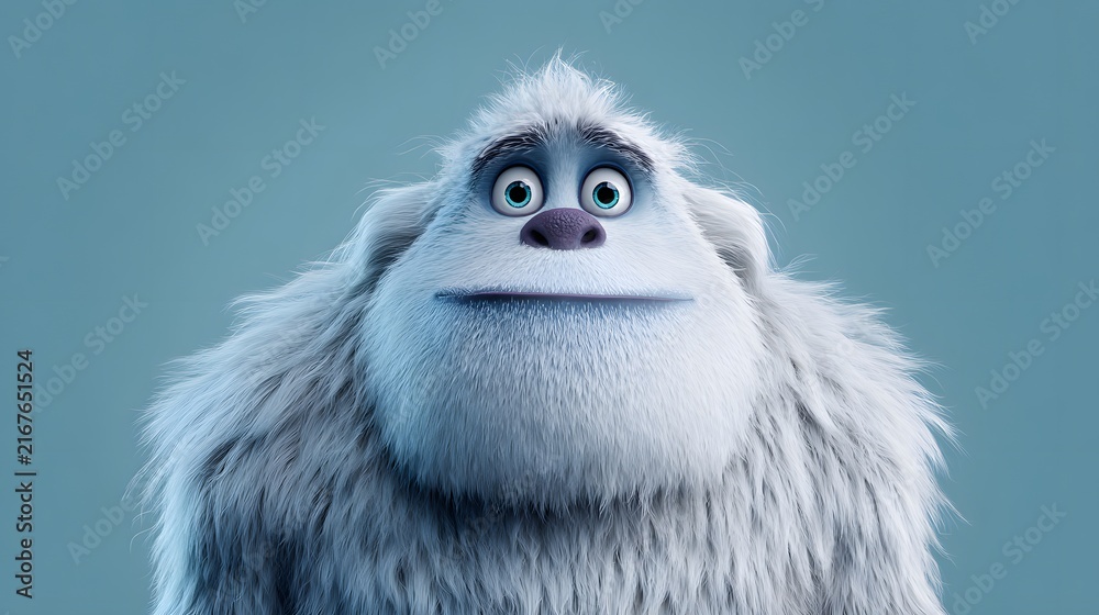 Obraz premium Cute Fluffy Yeti Character Portrait with Wide Big Eyes and Smile. Blue Snowman Character with Big Round Eyes. Cute Fluffy White Yeti Character Close Up Portrait.