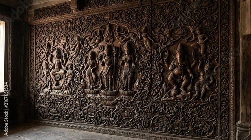 Intricate Deep Wooden Wall Carvings Depicting Mythological Characters and Floral Relief Patterns carving wood wooden relief mythological mythology panel floral scrollwork detailed close up polished