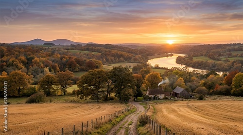 Peaceful Autumn Countryside Landscape at Golden Sunset Tranquil Fall Rural Scene with Warm Sunlight and Scenic Horizon Background autumn landscape countryside sunset rural peaceful tranquil fall