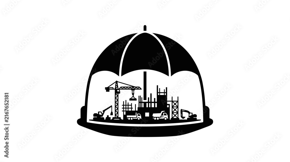 Fototapeta premium Construction safety icon featuring a hard hat and protective umbrella over a building site silhouette with cranes and machinery in black vector design