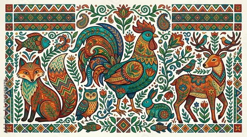 Vibrant Folk Art Animal and Ethnic Pattern ethnic pattern folk art animal tradition tribal culture ornament decorative native handcrafted symbol motif colorful vibrant illustration graphic design