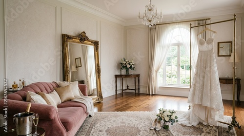 Elegant Sparkling Bridal Gown Hanging in Luxurious Dressing Suite Beside Large Mirror and Plush Sofa wedding dress gown sparkle glamour elegant bridal bride marriage matrimony white luxurious luxury