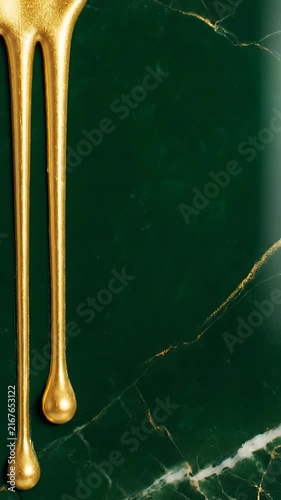 Liquid Gold Drip on Deep Forest Green Marble Texture Luxurious Abstract Background