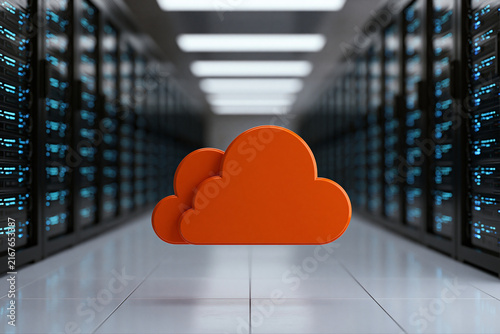 A bright orange cloud data storage symbol hovers inside a modern server room corridor. Use this technology concept for cloud computing and secure network ads.